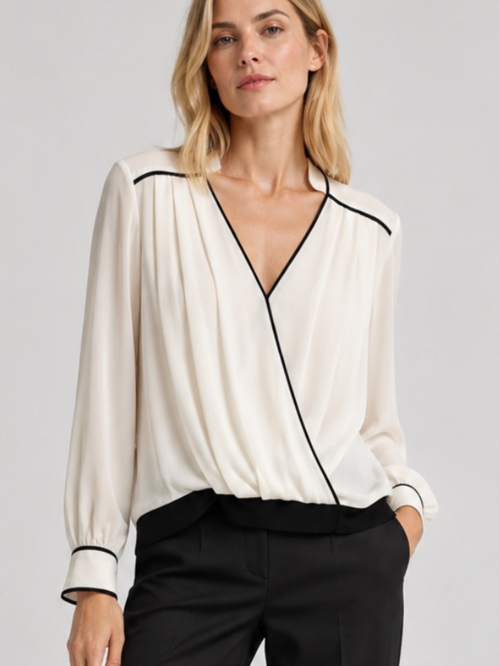 Ramy Brook Ivory Silk Wrap Blouse with Black Contrast Trim